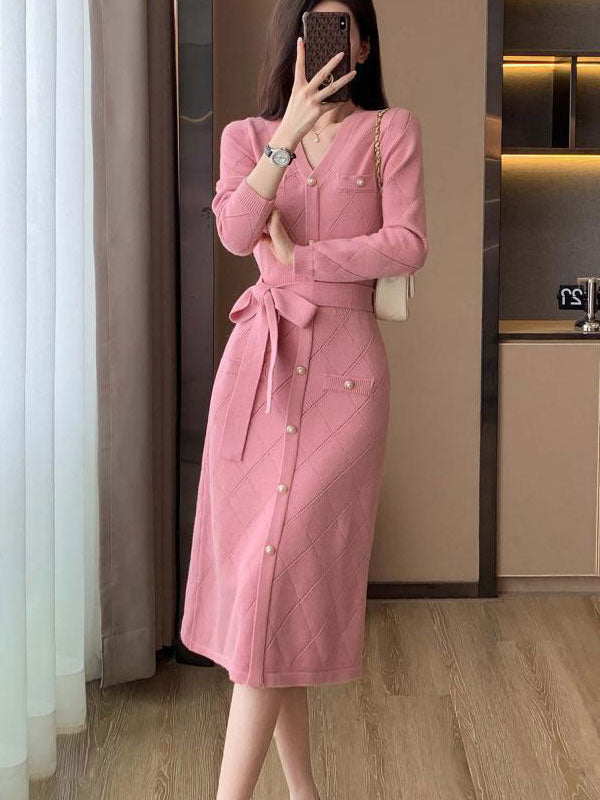 Pink Winter Knit Sweater Belt Midi A-Line Dress