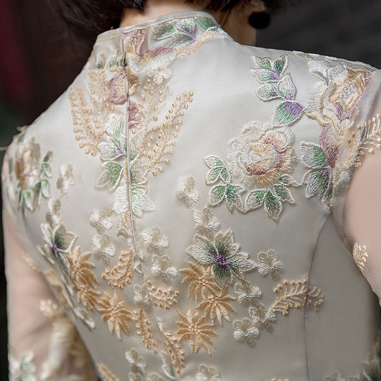 Embroidered Full Length Fishtail Qi Pao Cheongsam Prom Dress