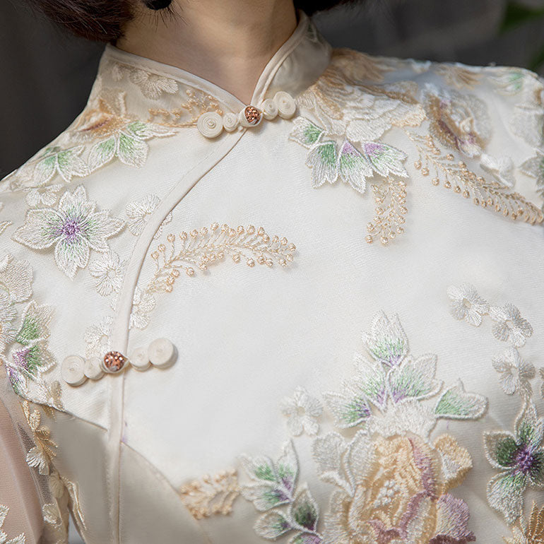 Embroidered Full Length Fishtail Qi Pao Cheongsam Prom Dress