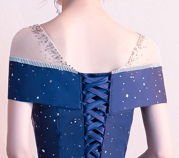 Blue Starry Tulle Prom Dress With Illusion Shoulder