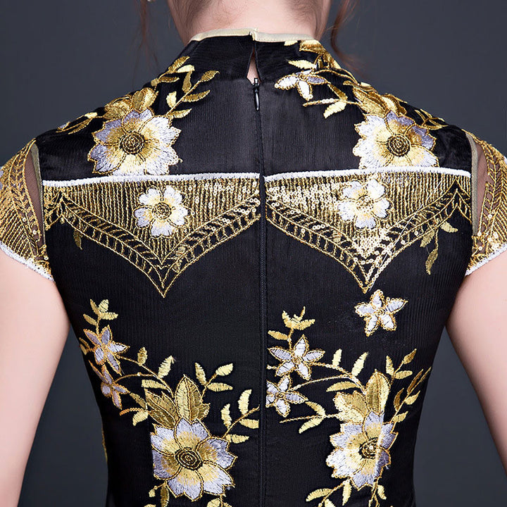 Black Embroidered Fishtail Cheongsam Qi Pao Dress