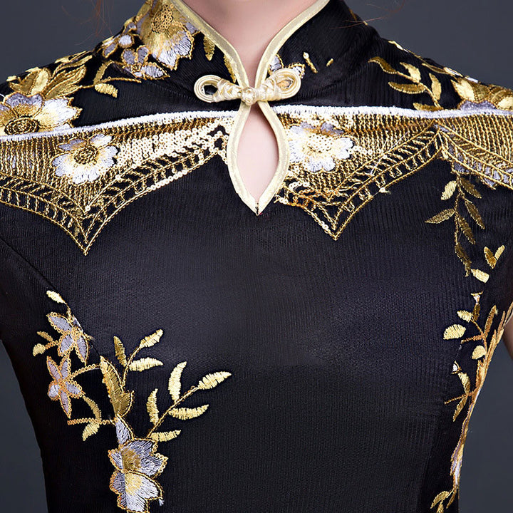 Black Embroidered Fishtail Cheongsam Qi Pao Dress