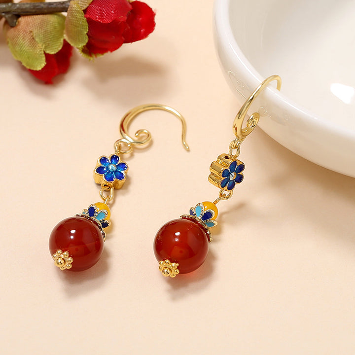 Red Agate Cloisonne Drop Dangle Earrings