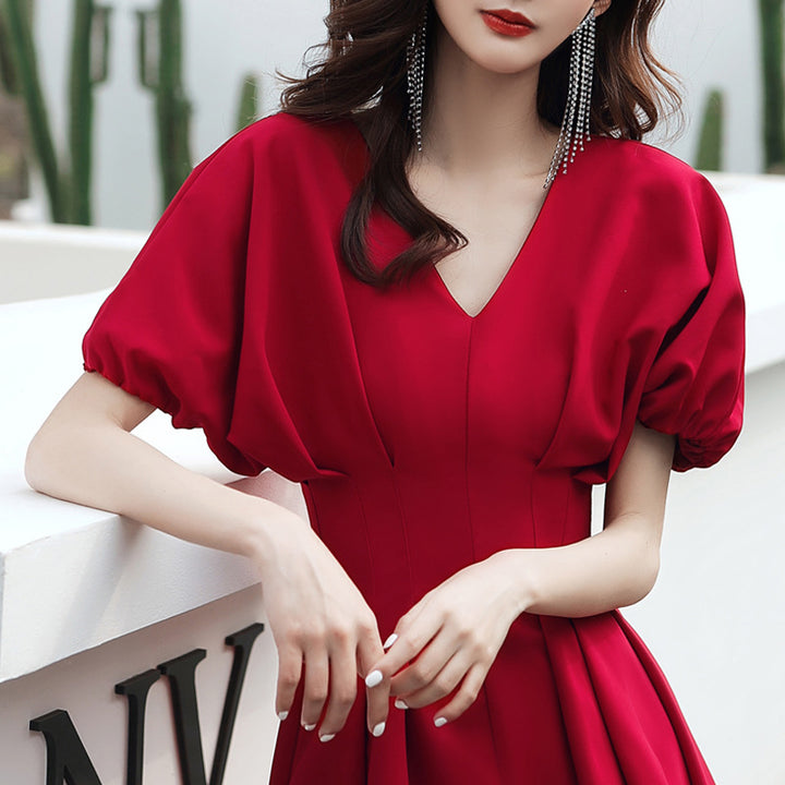 V-Neck Fit & Flare Dress with Frill Sleeve