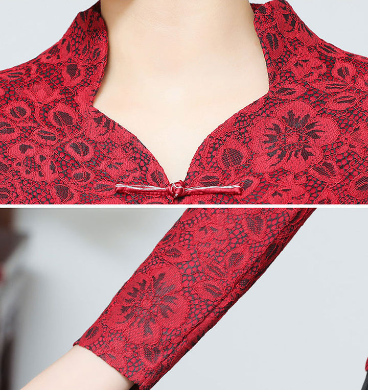 Mother's Red Lace Cheongsam Blouse Top