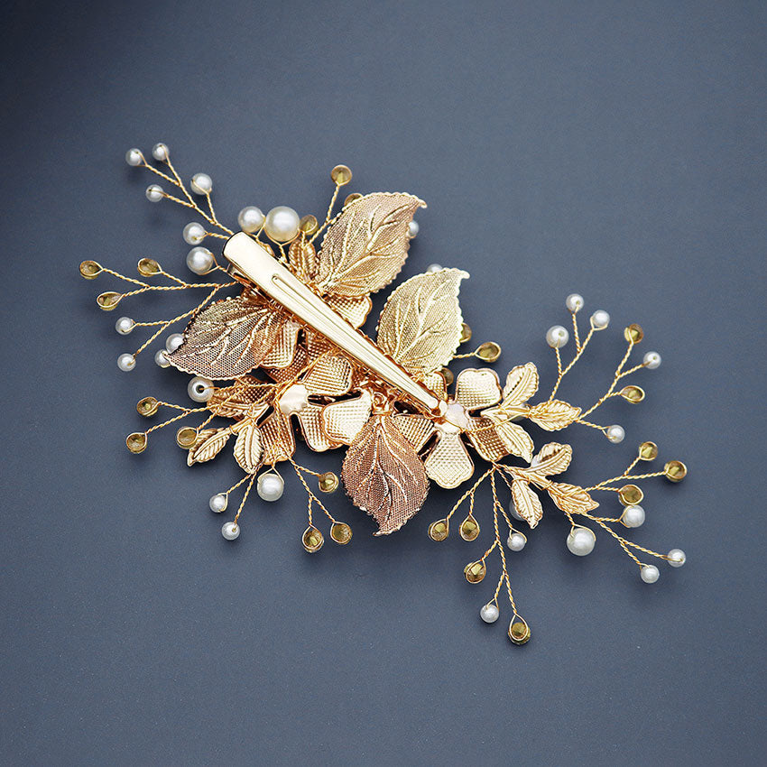 Rhinestone Pearls Leaf Flower Bridal Wedding Hair Clip