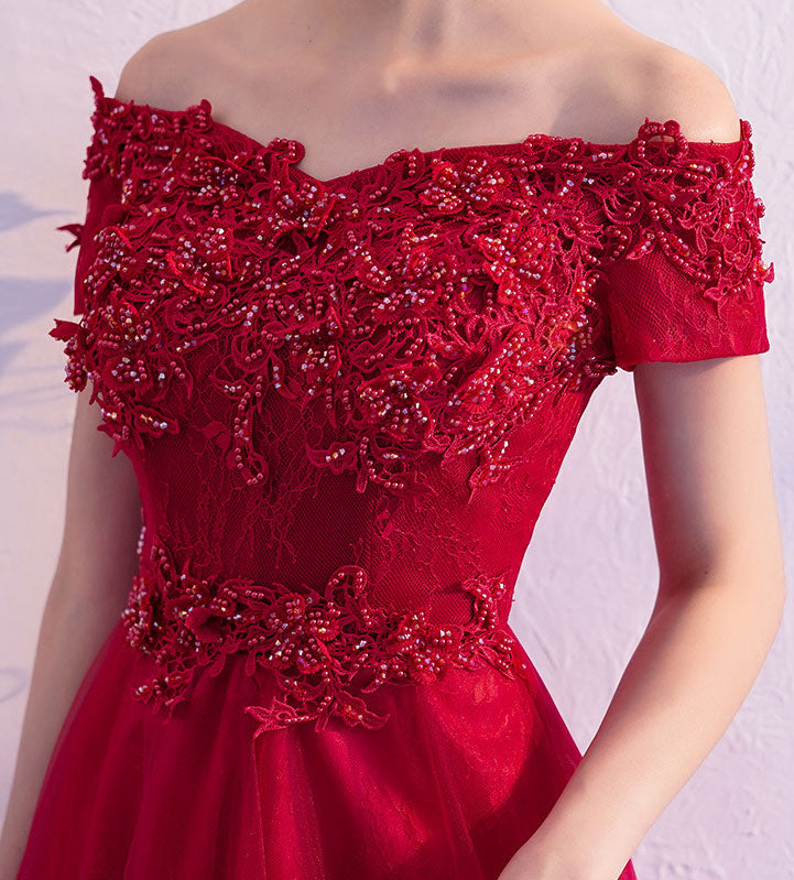 Wine Red Off Shoulder Full-Length Tulle Wedding Dress