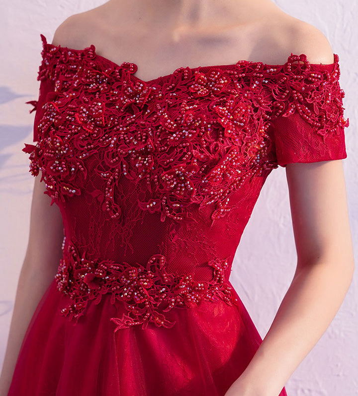 Wine Red Off Shoulder Full-Length Tulle Wedding Dress