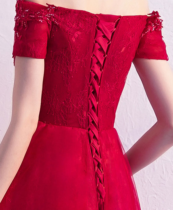 Wine Red Off Shoulder Full-Length Tulle Wedding Dress