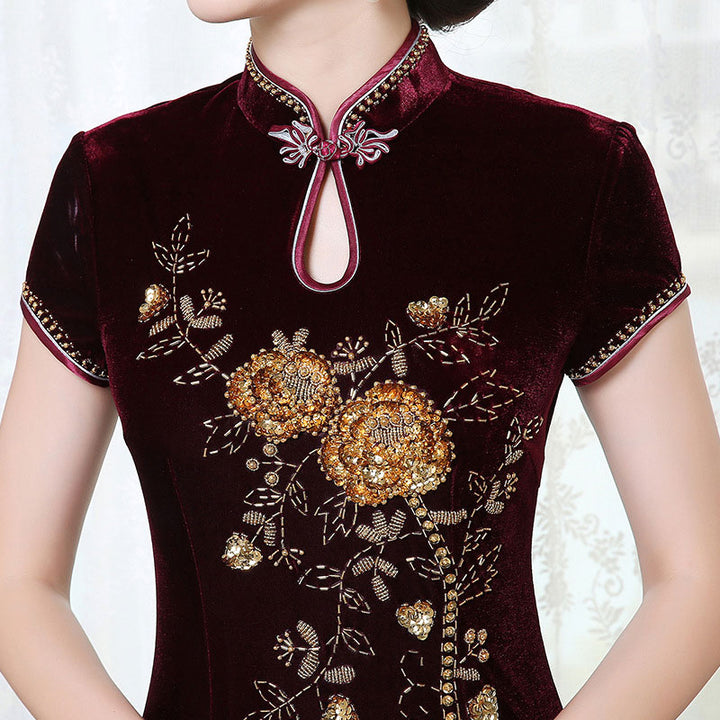 Mothers Maxi Velvet Cheongsam Qi Pao Dress with Beaded Floral