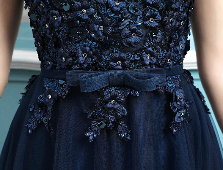Blue Pink Appliques A-Line Tulle Cut-out Back Prom Dress