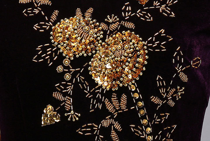 Mothers Maxi Velvet Cheongsam Qi Pao Dress with Beaded Floral