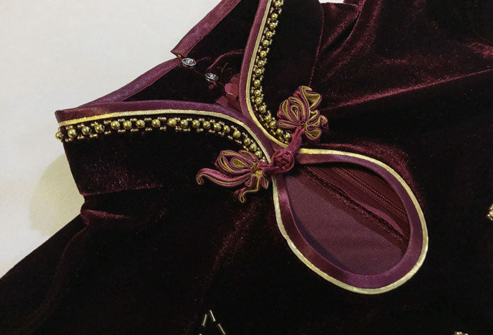 Mothers Maxi Velvet Cheongsam Qi Pao Dress with Beaded Floral