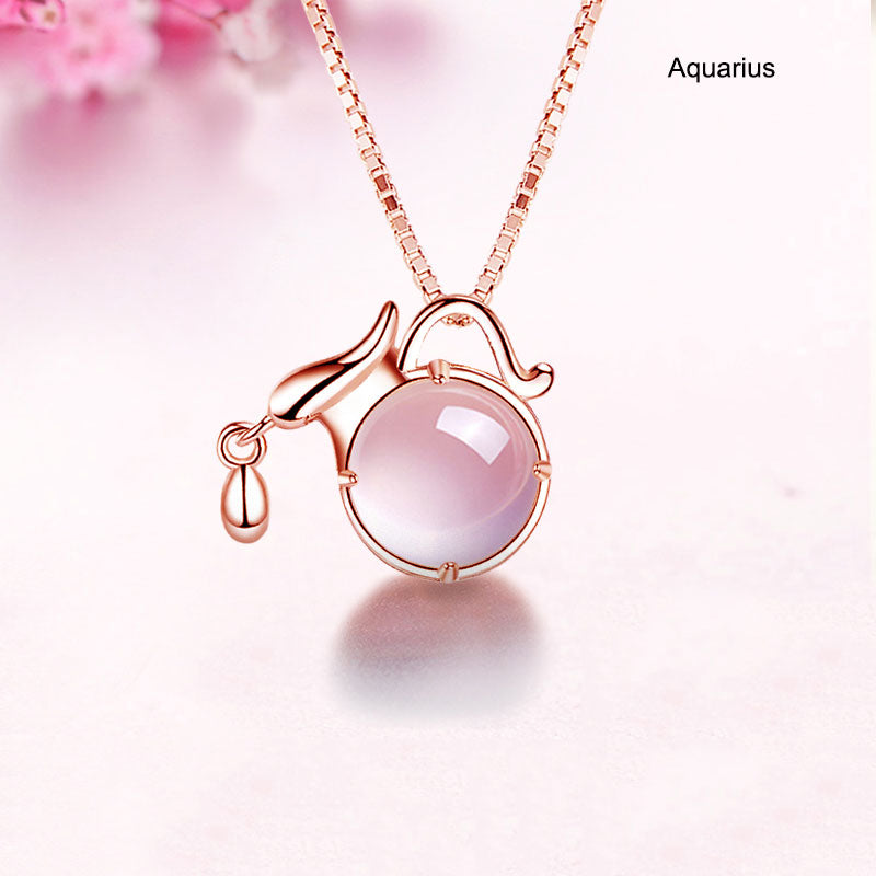 12 Constellation Zodiac Silver Pink Crystal Pendant Necklace