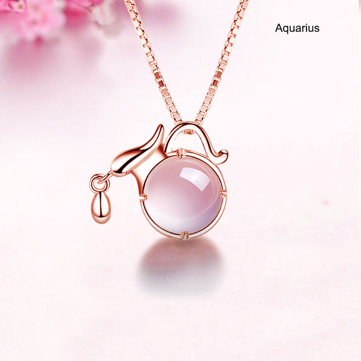 12 Constellation Zodiac Silver Pink Crystal Pendant Necklace