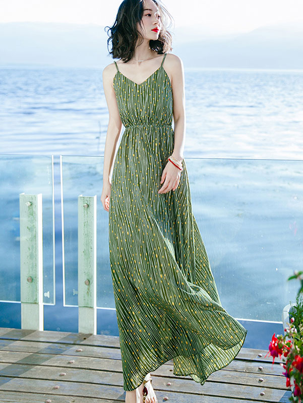 Green Stripe Maxi Slip Beach Dress - IMALLURE L Green Stripe Maxi Slip Beach Dress - IMALLURE L