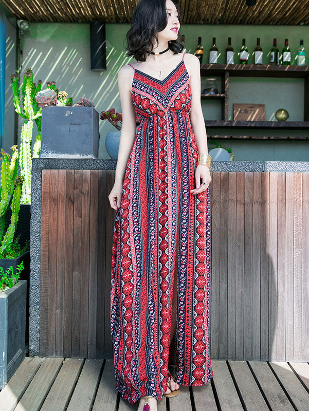 Red Split Thigh Split Maxi Beach Dress in Stripe