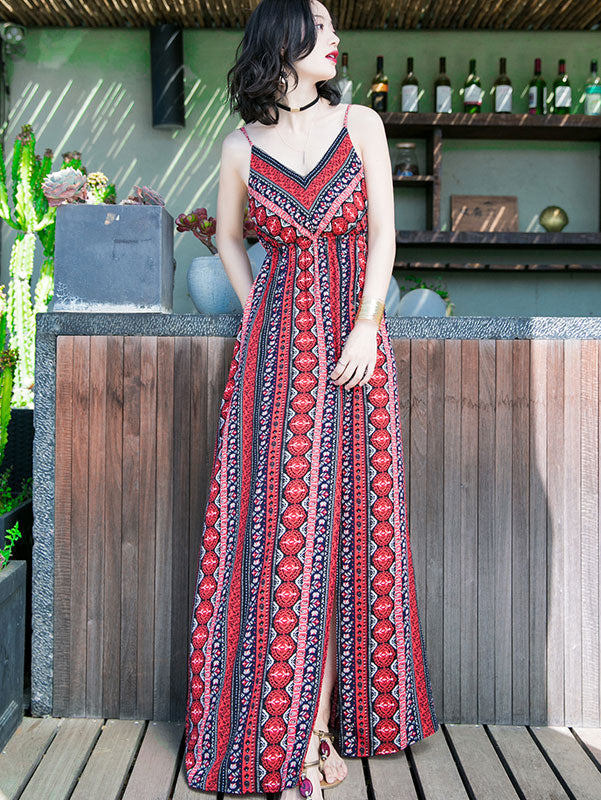 Red Split Thigh Split Maxi Beach Dress in Stripe