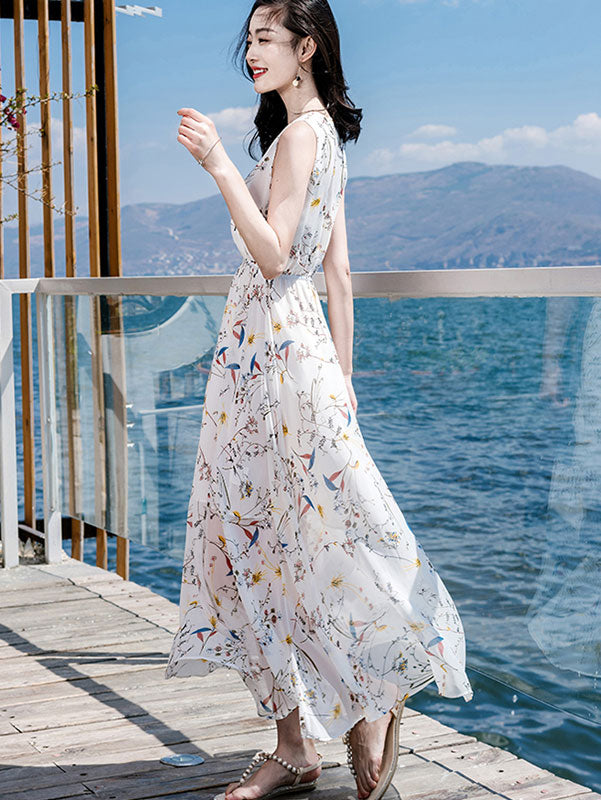 White Floral Print Wrap Front Maxi Beach Dress