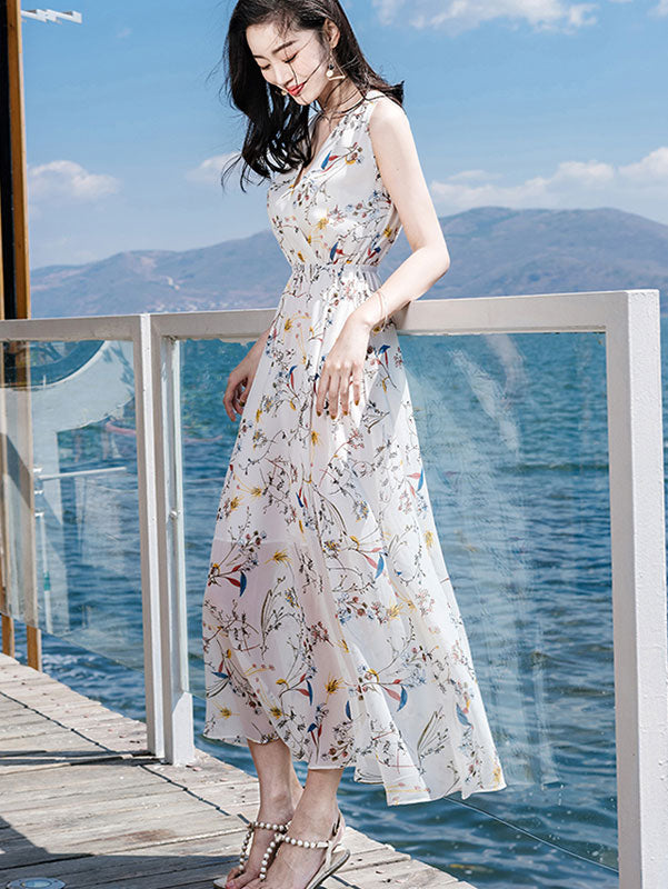 White Floral Print Wrap Front Maxi Beach Dress