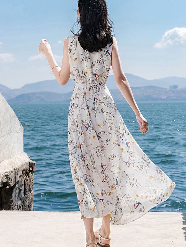 White Floral Print Wrap Front Maxi Beach Dress