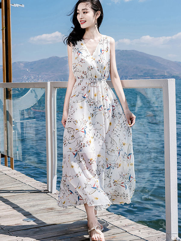 White Floral Print Wrap Front Maxi Beach Dress