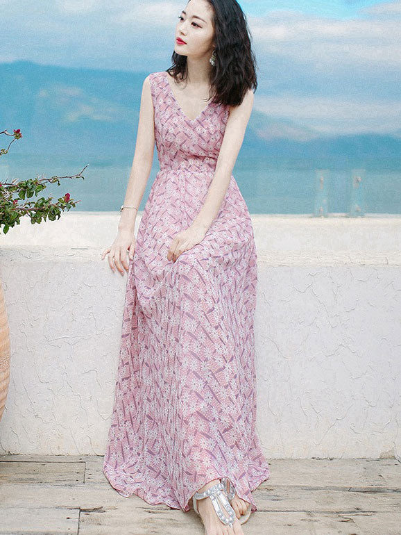 Pink Floral Print Maxi Beach Dress