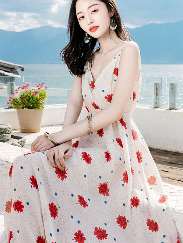 Daisy Floral Print Wrap Front Slip Beach Dress