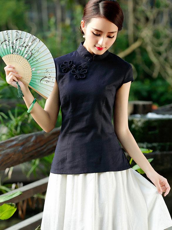 Blue Beige Linen Qipao / Cheongsam T-Shirt Top