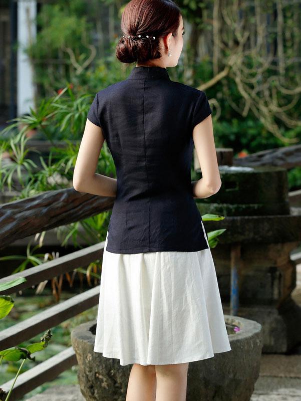 Blue Beige Linen Qipao / Cheongsam T-Shirt Top