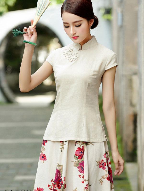 Blue Beige Linen Qipao / Cheongsam T-Shirt Top