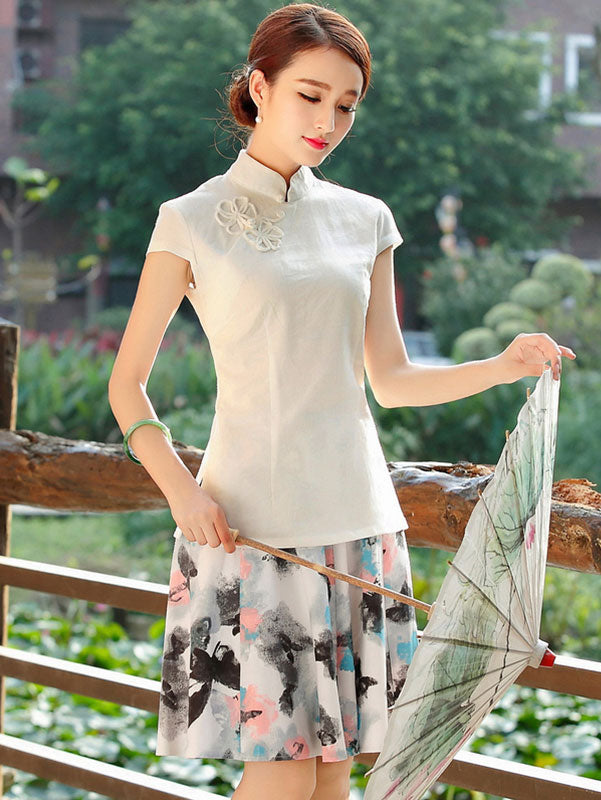 Blue Beige Linen Qipao / Cheongsam T-Shirt Top