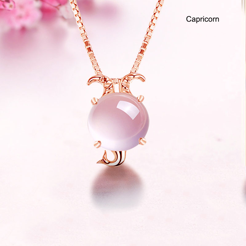 12 Constellation Zodiac Silver Pink Crystal Pendant Necklace