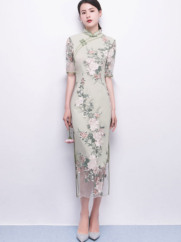 long sleeve oriental dress Green Embroidered Long Qipao / Cheongsam Party Dress