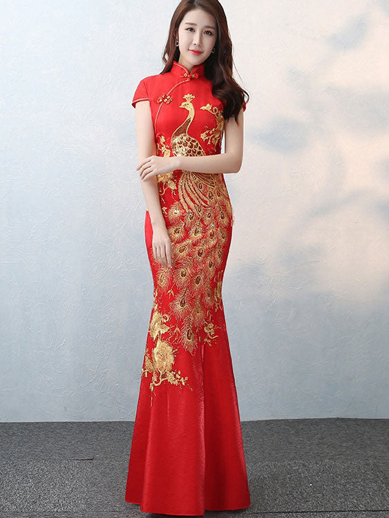 Gold Phoenix Fishtail Qipao Cheongsam Wedding Dress IMALLURE