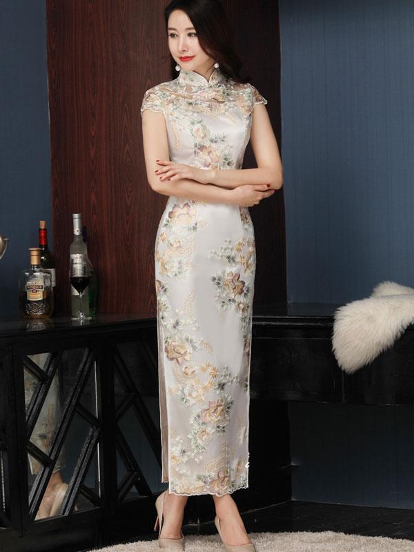 Embroidered Floral Maxi Qipao Cheongsam Prom Dress - IMALLURE M Embroidered Floral Maxi Qipao Cheongsam Prom Dress - IMALLURE M