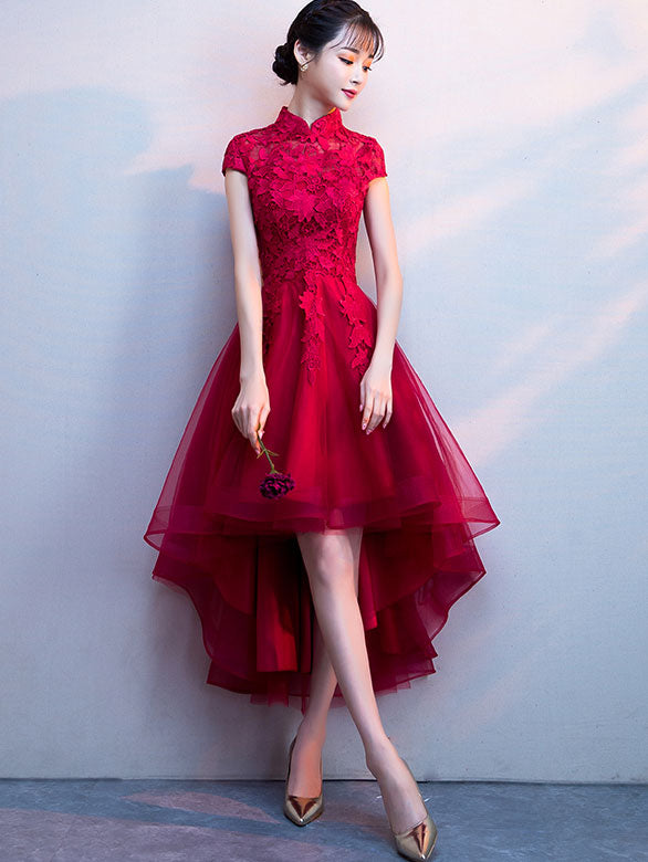 Red High Low Hem Lace Qipao / Cheongsam Party Dress - IMALLURE L Red High Low Hem Lace Qipao / Cheongsam Party Dress - IMALLURE L