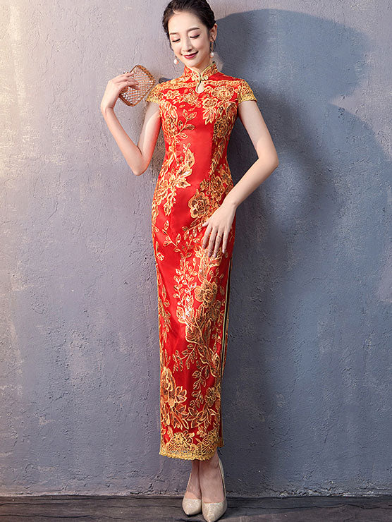 Red Blue Sequins Traditional Qipao Cheongsam Wedding Dress XL / Red Red Blue Sequins Traditional Qipao Cheongsam Wedding Dress XL / Red