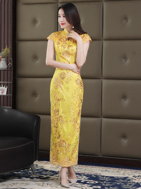 Gold Sequined Long Qipao / Cheongsam Evening Dress - IMALLURE Custom Made Gold Sequined Long Qipao / Cheongsam Evening Dress - IMALLURE Custom Made