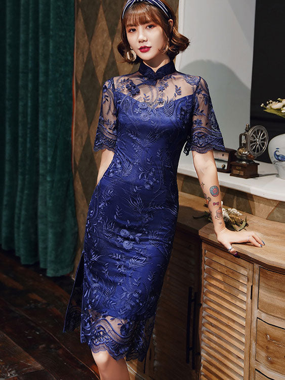 Blue Gray Illusion Lace Midi Modern Cheongsam Qi Pao Dress