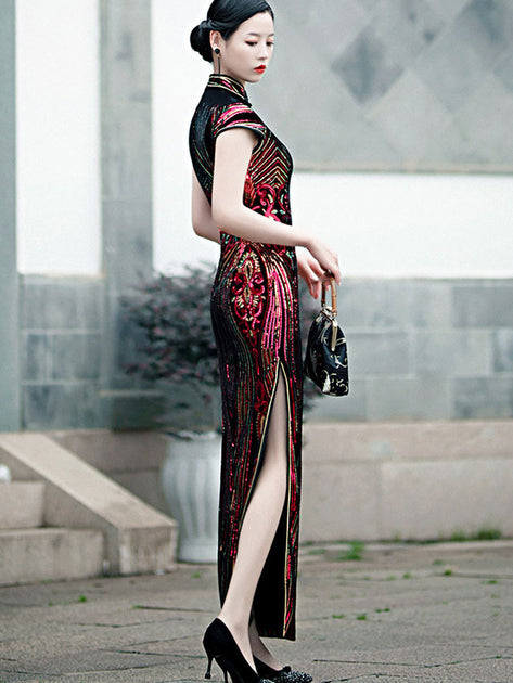 Allover Sequined Ankle-Length Cheongsam Qipao Party Dress