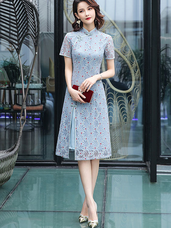Floral Lace A-Line Midi Modern Qi Pao Cheongsam Dress