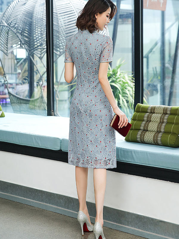 Floral Lace A-Line Midi Modern Qi Pao Cheongsam Dress