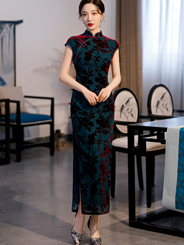 Green Floral Velvet Full Length Qi Pao Cheongsam Dress