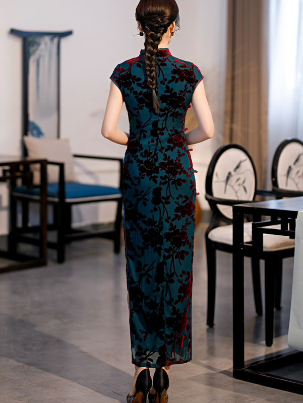 Green Floral Velvet Full Length Qi Pao Cheongsam Dress