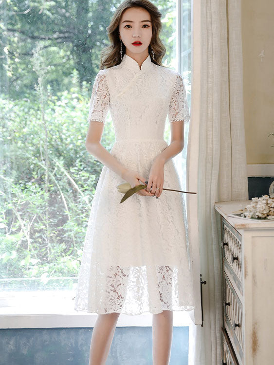 White Floral Lace Mid A-Line Cheongsam Qipao Dress
