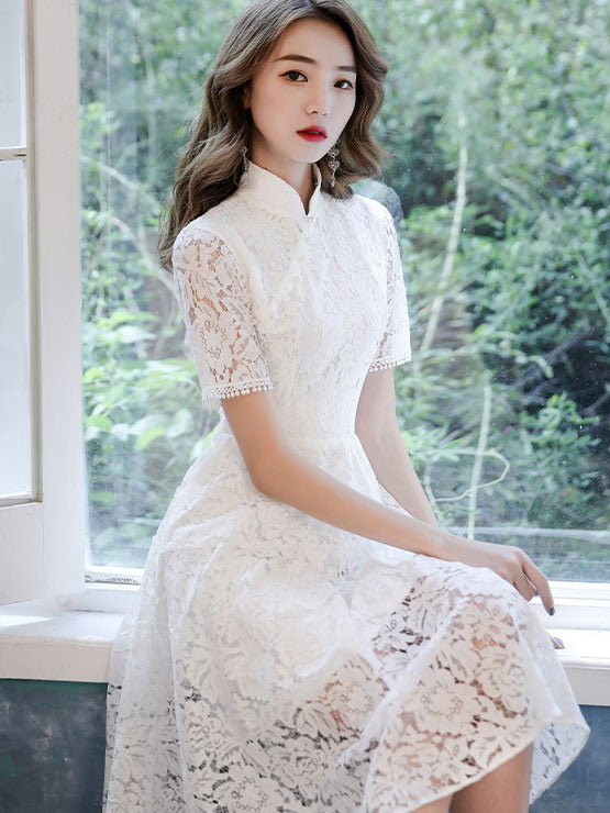 White Floral Lace Mid A-Line Cheongsam Qipao Dress
