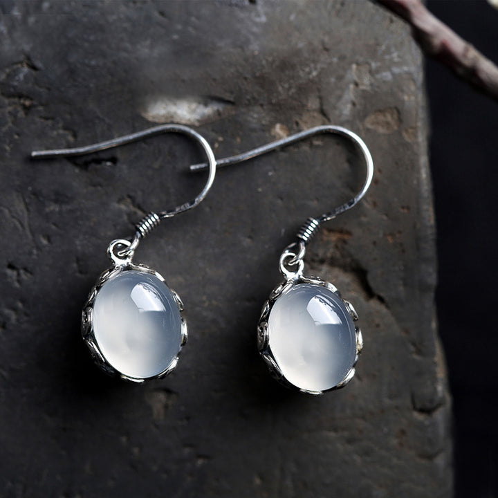 White Chalcedony Drop Dangle Silver Earrings