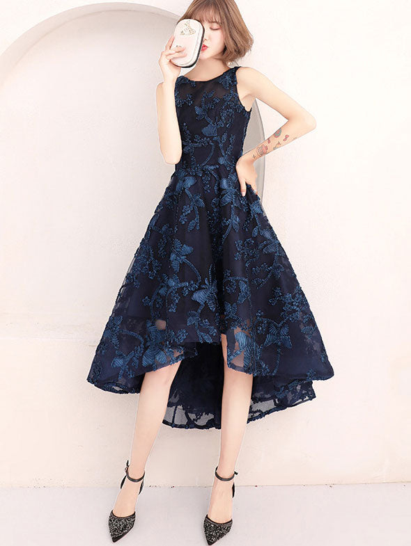 Blue Jacquard High Low Fit & Flare Party Dress - IMALLURE Custom Made Blue Jacquard High Low Fit & Flare Party Dress - IMALLURE Custom Made