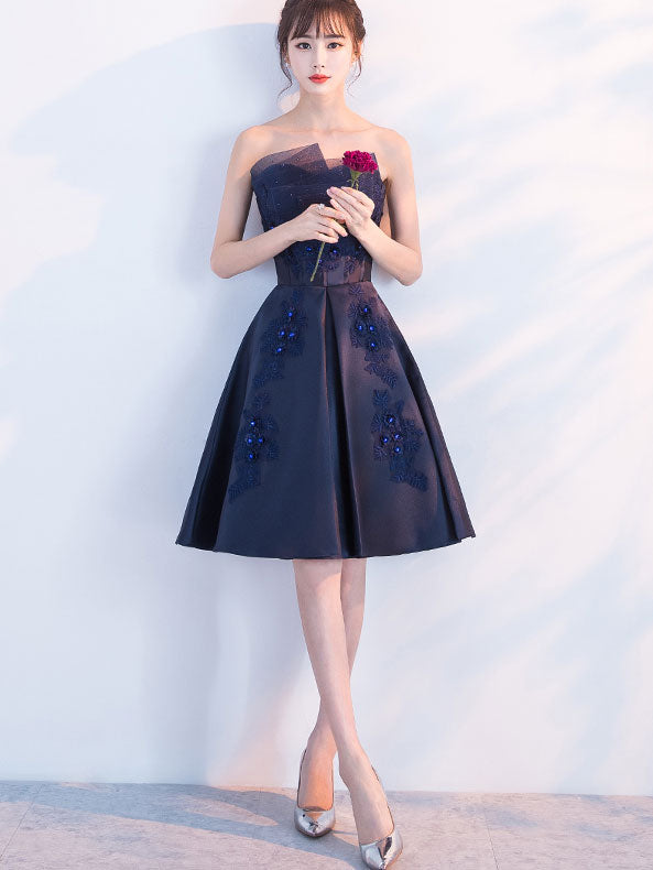 Blue Ruched Bandeau Appliques A-Line Party Dress